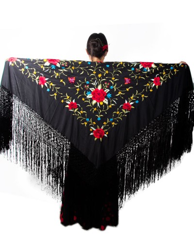 La Señorita Foulard cintura chale manton de manila Flamenco di danza nero con diversi fiori colorati Large 